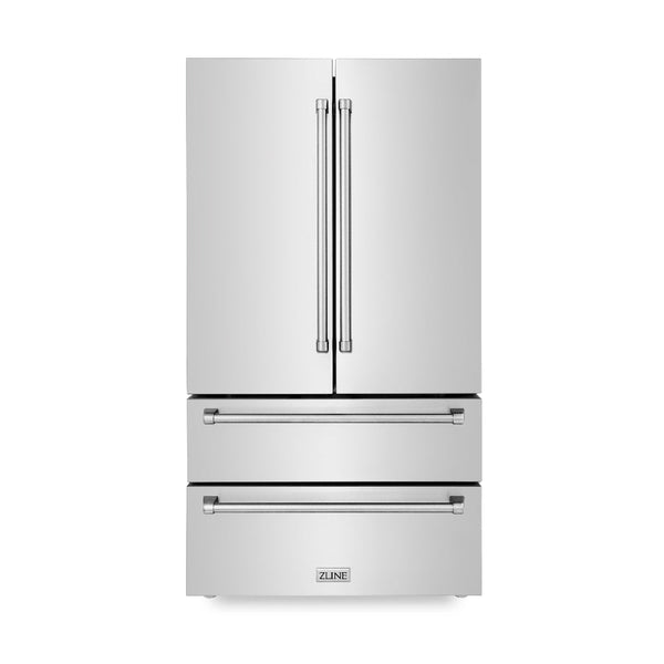 ZLINE Kitchen Package with 36 in. French Door Refrigerator, 48 in. Dual Fuel Range, 48 in. Range Hood, 24 in. Microwave Drawer, 24 in. Tall Tub Dishwasher and 24 in. Wine Cooler in Stainless Steel (6KPR-RARH48-MWDWV-RWV)