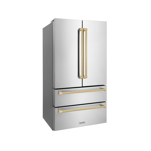 ZLINE Autograph Edition 36 in. 22.5 cu. ft. Counter-Depth French Door Refrigerator with Ice Maker in Fingerprint-Resistant Stainless Steel with Champagne Bronze Traditional Handles (RFMZ-36-CB)