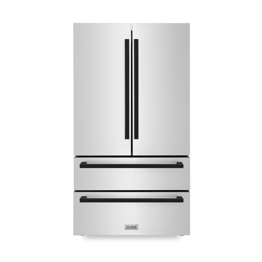 ZLINE Autograph Edition 36 in. 22.5 cu. ft. Counter-Depth French Door Refrigerator with Ice Maker in Fingerprint-Resistant Stainless Steel with Matte Black Modern Handles (RFMZ-36-FMB)