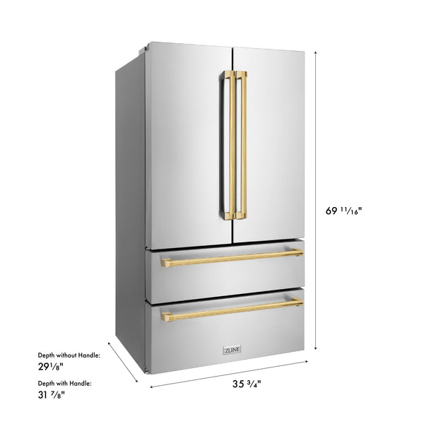 ZLINE Autograph Edition 36 in. 22.5 cu. ft. Counter-Depth French Door Refrigerator with Ice Maker in Fingerprint-Resistant Stainless Steel with Polished Gold Traditional Handles (RFMZ-36-G)