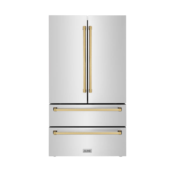 ZLINE Autograph Edition 36 in. 22.5 cu. ft. Counter-Depth French Door Refrigerator with Ice Maker in Fingerprint-Resistant Stainless Steel with Polished Gold Traditional Handles (RFMZ-36-G)