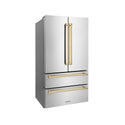 ZLINE Autograph Edition 36 in. 22.5 cu. ft. Counter-Depth French Door Refrigerator with Ice Maker in Fingerprint-Resistant Stainless Steel with Polished Gold Traditional Handles (RFMZ-36-G)
