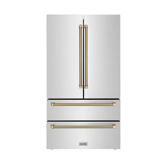 ZLINE Autograph Edition 36 in. 22.5 cu. ft. Counter-Depth French Door Refrigerator with Ice Maker in Fingerprint-Resistant Stainless Steel and Champagne Bronze Helix Handles (RFMZ-36-KCB)