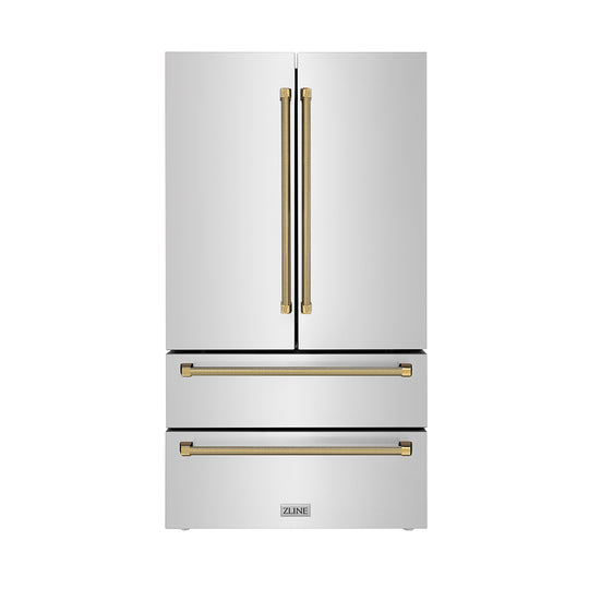ZLINE Autograph Edition 36 in. 22.5 cu. ft. Counter-Depth French Door Refrigerator with Ice Maker in Fingerprint-Resistant Stainless Steel and Polished Gold Helix Handles (RFMZ-36-KG)