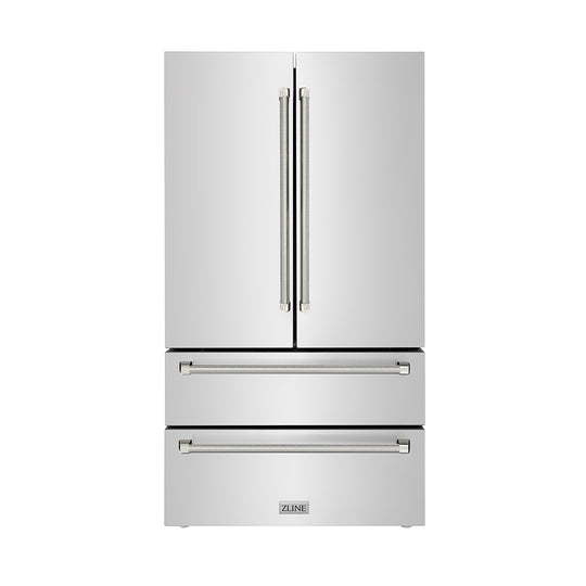 ZLINE Autograph Edition 36 in. 22.5 cu. ft. Counter-Depth French Door Refrigerator with Ice Maker in Fingerprint-Resistant Stainless Steel and Polished Nickel Helix Handles (RFMZ-36-KPN)