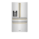 ZLINE Autograph Edition 36" 21.6 cu. ft 4-Door French Door Refrigerator with Water and Ice Dispenser in Fingerprint Resistant Stainless Steel with Champagne Bronze Traditional Handles (RFMZ-W-36-CB)