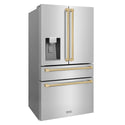 ZLINE Autograph Edition 36" 21.6 cu. ft 4-Door French Door Refrigerator with Water and Ice Dispenser in Fingerprint Resistant Stainless Steel with Champagne Bronze Traditional Handles (RFMZ-W-36-CB)