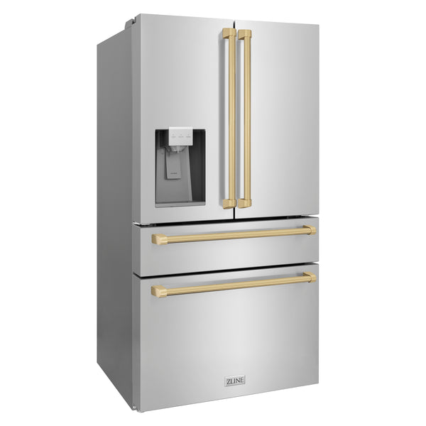 ZLINE Autograph Edition 36" 21.6 cu. ft 4-Door French Door Refrigerator with Water and Ice Dispenser in Fingerprint Resistant Stainless Steel with Champagne Bronze Traditional Handles (RFMZ-W-36-CB)