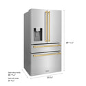 ZLINE Autograph Edition 36 in. 21.6 cu. ft. Counter-Depth French Door Refrigerator with Water and Ice Dispenser in Fingerprint-Resistant Stainless Steel with Polished Gold Traditional Handles (RFMZ-W-36-G)
