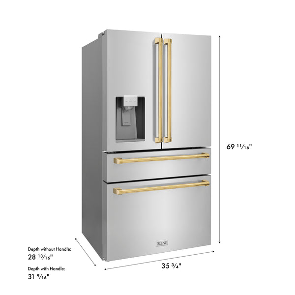 ZLINE Autograph Edition 36 in. 21.6 cu. ft. Counter-Depth French Door Refrigerator with Water and Ice Dispenser in Fingerprint-Resistant Stainless Steel with Polished Gold Traditional Handles (RFMZ-W-36-G)