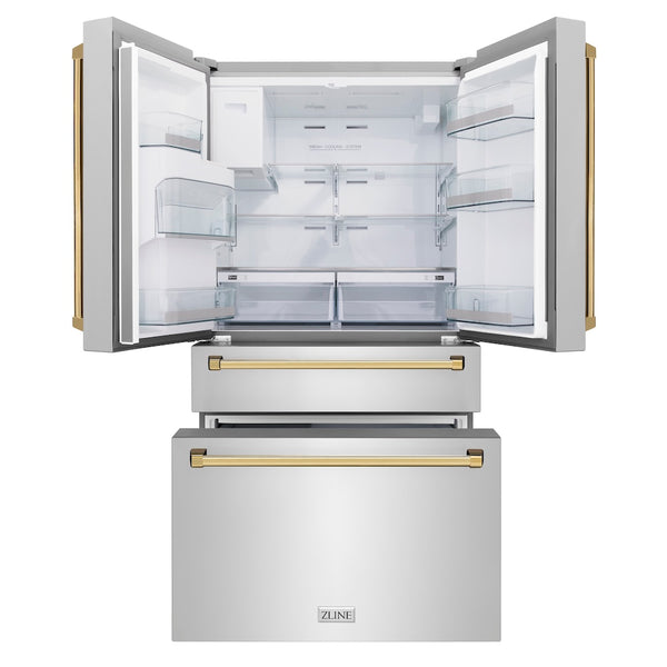 ZLINE Autograph Edition 36 in. 21.6 cu. ft. Counter-Depth French Door Refrigerator with Water and Ice Dispenser in Fingerprint-Resistant Stainless Steel with Polished Gold Traditional Handles (RFMZ-W-36-G)