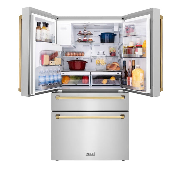 ZLINE Autograph Edition 36 in. 21.6 cu. ft. Counter-Depth French Door Refrigerator with Water and Ice Dispenser in Fingerprint-Resistant Stainless Steel with Polished Gold Traditional Handles (RFMZ-W-36-G)