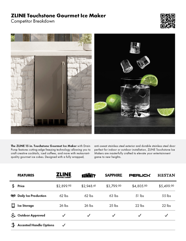 ZLINE Autograph Edition 15 in. Touchstone Gourmet Ice Maker with Drain Pump and Solid Stainless Steel Door with Champagne Bronze Helix Handle (IGMDZ-ST-15-KCB)