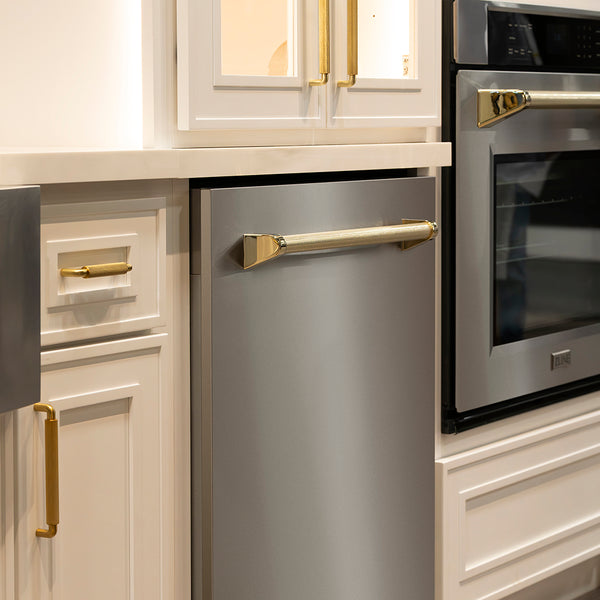 ZLINE Autograph Edition 24 in. Monument Series 3rd Rack Dishwasher with Auto Door Open Drying, 44dBa, Stainless Steel Panel with Polished Gold Helix Handle (DWMTZ-30424-KG)