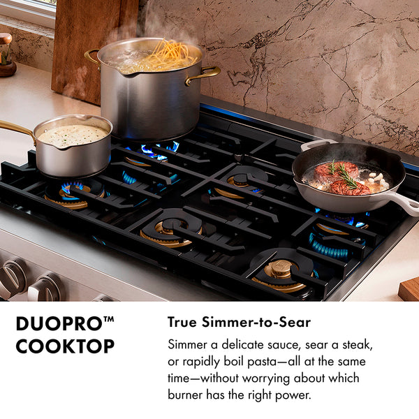 ZLINE Autograph Edition 48 in. 6.7 cu. ft. Classic Gas Range with 8 Burner DuoPro™ Cooktop and Dual Ovens in Satin Stainless Steel with White Matte Doors and Champagne Bronze Accents (PCGRSZ-WM-48-CB)