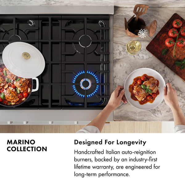 ZLINE 36 in. 5.2 cu. ft. Marino Dual Fuel Range with Gas Cooktop and Electric Convection Oven in Satin Stainless Steel with 6 Brass Burners (MDRS-BR-36)