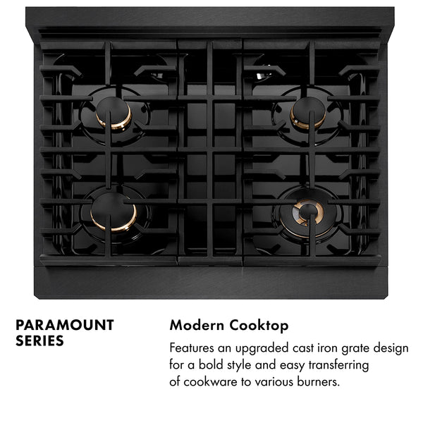 ZLINE Designer Collection 30 in. 4.2 cu. ft. Paramount Gas Range with 4 Burner Cooktop and Convection Gas Oven in Black Satin Stainless Steel with Matte Black and Champagne Bronze Accents, Open Box-Great Condition