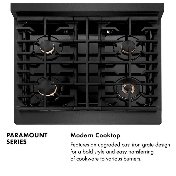 ZLINE Autograph Edition 30 in. 4.2 cu. ft. Paramount Dual Fuel Range with 4 Burner Gas Cooktop and Electric Convection Oven in Black Satin Stainless Steel with Champagne Bronze Accents, Open Box-Great Condition