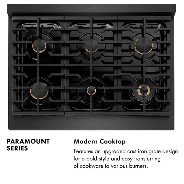 ZLINE Autograph Edition 36 in. 5.2 cu. ft. Paramount Dual Fuel Range with 6 Burner Gas Cooktop and Electric Convection Oven in Black Satin Stainless Steel with Polished Gold Accents, Open Box-Good Condition