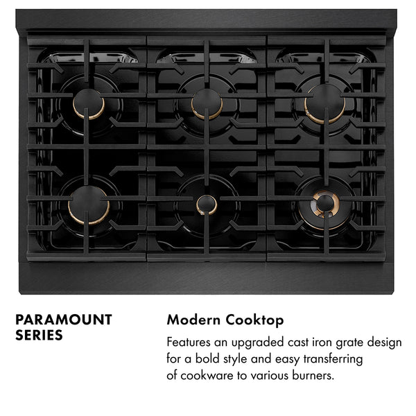 ZLINE Designer Collection 36 in. 5.2 cu. ft. Paramount Dual Fuel Range with 6 Burner Gas Cooktop and Electric Convection Oven in Black Satin Stainless Steel with Matte Black and Champagne Bronze Accents, Open Box-Great Condition