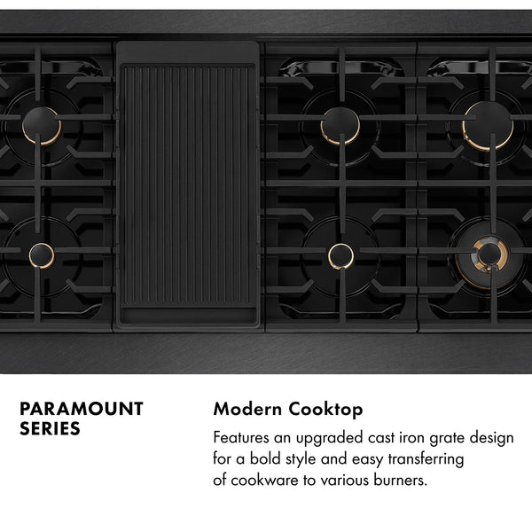 ZLINE Designer Collection 48 in. 6.7 cu. ft. Paramount Double Oven Gas Range with 8 Burner Cooktop in Black Satin Stainless Steel with Matte Black and Champagne Bronze Accents, Open Box-Great Condition