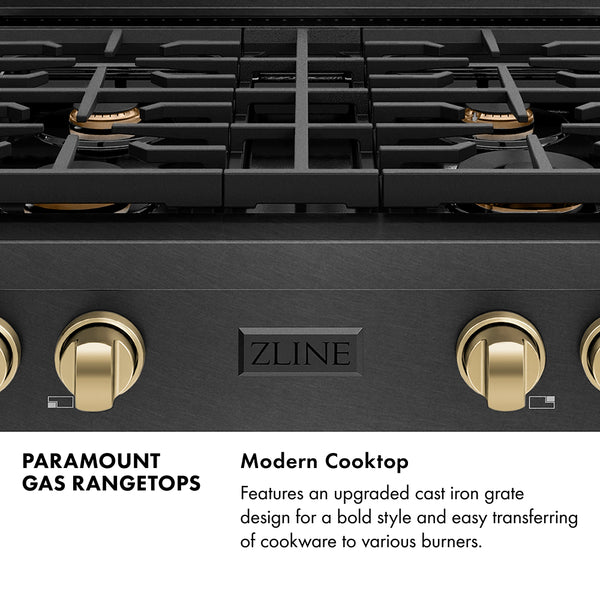 ZLINE Autograph Edition 30 in. Paramount Gas Rangetop with 4 Burners and Porcelain Cooktop in Black Satin Stainless Steel with Champagne Bronze Accents, Open Box-Great Condition