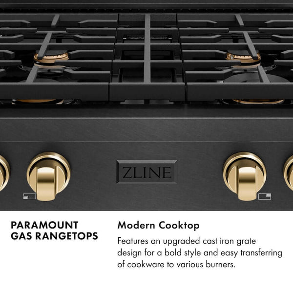 ZLINE Autograph Edition 30 in. Paramount Gas Rangetop with 4 Burners and Porcelain Cooktop in Black Satin Stainless Steel with Polished Gold Accents, Open Box-Good Condition