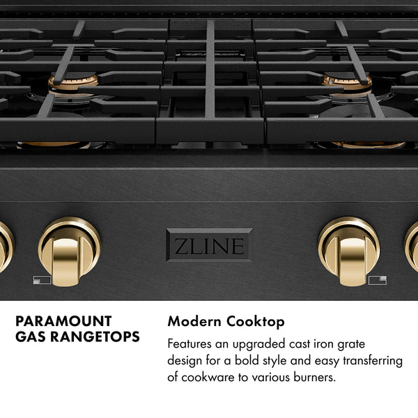 ZLINE Autograph Edition 30 in. Paramount Gas Rangetop with 4 Burners and Porcelain Cooktop in Black Satin Stainless Steel with Polished Gold Accents, Open Box-Great Condition