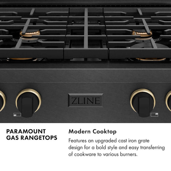 ZLINE Designer Collection 30 in. Paramount Gas Rangetop with 4 Burners in Black Satin Stainless Steel with Matte Black and Champagne Bronze Accents, Open Box-Good Condition