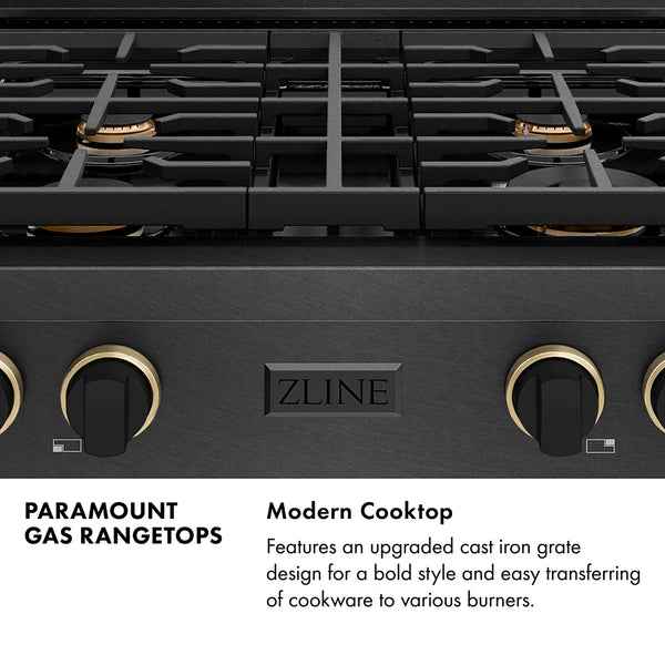 ZLINE Designer Collection 30 in. Paramount Gas Rangetop with 4 Burners in Black Satin Stainless Steel with Matte Black and Champagne Bronze Accents, Open Box-Great Condition