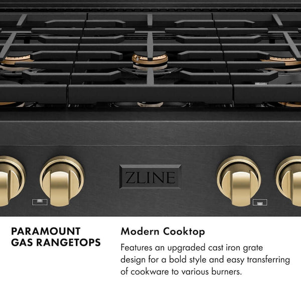 ZLINE Autograph Edition 36 in. Paramount Gas Rangetop with 6 Burners and Porcelain Cooktop in Black Satin Stainless Steel with Champagne Bronze Accents, Open Box-Good Condition