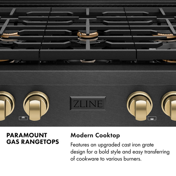 ZLINE Autograph Edition 36 in. Paramount Gas Rangetop with 6 Burners and Porcelain Cooktop in Black Satin Stainless Steel with Champagne Bronze Accents, Open Box-Great Condition