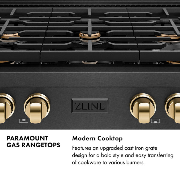 ZLINE Autograph Edition 36 in. Paramount Gas Rangetop with 6 Burners and Porcelain Cooktop in Black Satin Stainless Steel with Polished Gold Accents, Open Box-Great Condition