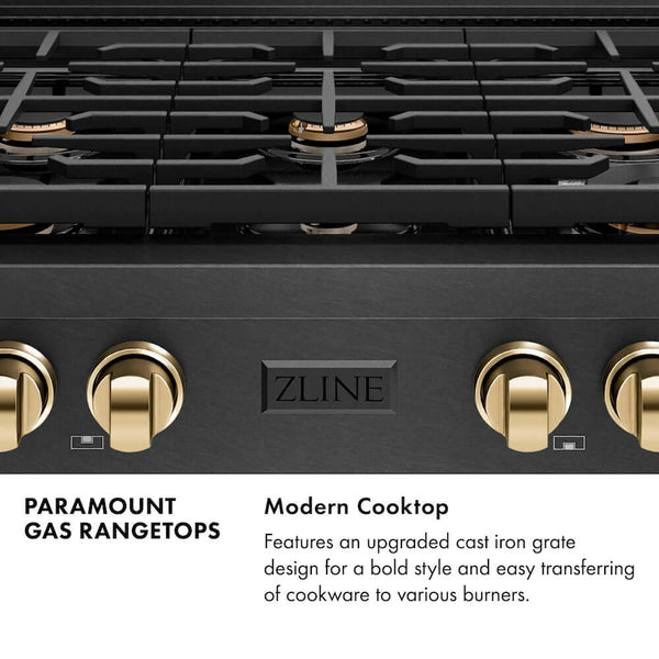 ZLINE Autograph Edition 36 in. Paramount Gas Rangetop with 6 Burners and Porcelain Cooktop in Black Satin Stainless Steel with Polished Gold Accents, Open Box-Good Condition