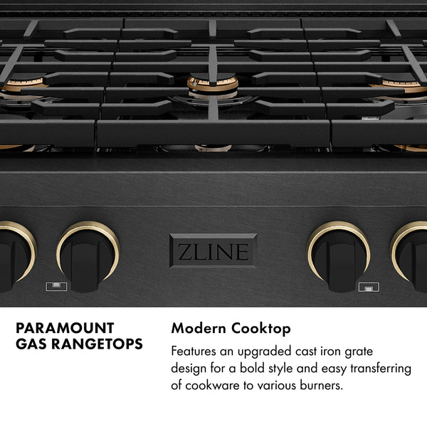 ZLINE Designer Collection 36 in. Paramount Gas Rangetop with 6 Burners in Black Satin Stainless Steel with Matte Black and Champagne Bronze Accents, Open Box-Great Condition