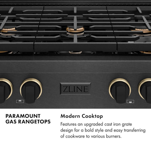 ZLINE Designer Collection 36 in. Paramount Gas Rangetop with 6 Burners in Black Satin Stainless Steel with Matte Black and Champagne Bronze Accents, Open Box-Good Condition