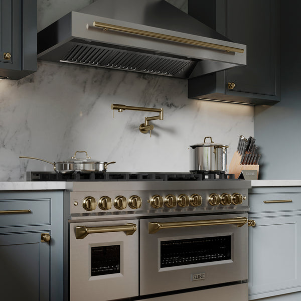 ZLINE Autograph Edition 48 in. 6.0 cu. ft. Legacy Dual Fuel Range with 7 Burner Gas Cooktop and 2 Electric Ovens in Stainless Steel and Champagne Bronze Accents, Open Box-Great Condition