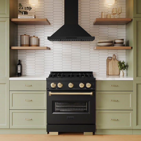 ZLINE Autograph Edition 30 in. 4.2 cu. ft. Classic Gas Range with 4 Burner Cooktop and Convection Gas Oven in Black Stainless Steel and Champagne Bronze Accents, Open Box-Great Condition