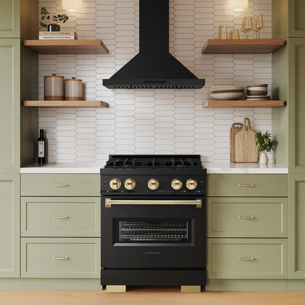 ZLINE Autograph Edition 30 in. 4.2 cu. ft. Classic Gas Range with 4 Burner Cooktop and Convection Gas Oven in Black Stainless Steel and Polished Gold Accents, Open Box-Great Condition