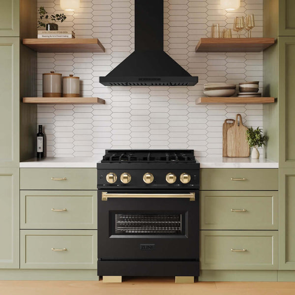 ZLINE Autograph Edition 30 in. 4.2 cu. ft. Classic Gas Range with 4 Burner Cooktop and Convection Gas Oven in Black Stainless Steel and Polished Gold Accents, Open Box-Good Condition