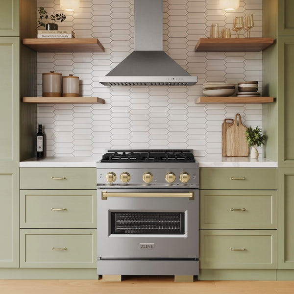 ZLINE Autograph Edition 30 in. 4.2 cu. ft. Classic Gas Range with 4 Burner Cooktop and Convection Gas Oven in Stainless Steel and Champagne Bronze Accents, Open Box-Great Condition