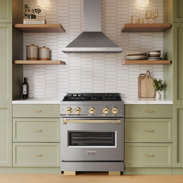ZLINE Autograph Edition 30 in. 4.2 cu. ft. Classic Gas Range with 4 Burner Cooktop and Convection Gas Oven in Stainless Steel and Polished Gold Accents, Open Box-Great Condition