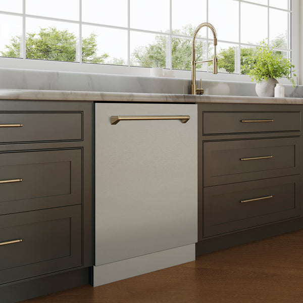 ZLINE Autograph Edition 24" Monument Series 3rd Rack Top Touch Control Tall Tub Dishwasher in Stainless Steel with Champagne Bronze Handle, 45dBa (DWMTZ-304-24-CB)