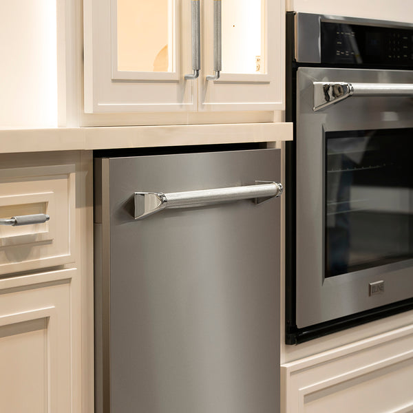 ZLINE Autograph Edition 24 in. Monument Series 3rd Rack Dishwasher with Auto Door Open Drying, 44dBa, Stainless Steel Panel with Polished Nickel Helix Handle (DWMTZ-30424-KPN)