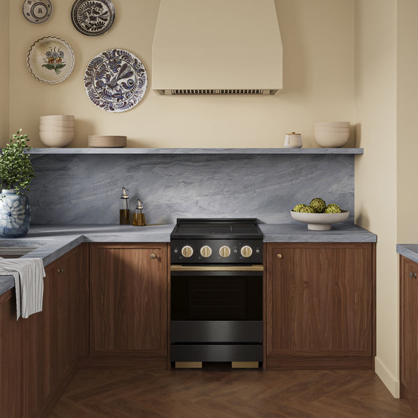 ZLINE Autograph Edition 24 in. 3.2 cu. ft. Marino Induction Range with 3 Element Cooktop and Electric Convection Oven in Black Stainless Steel with Champagne Bronze Accents (MINRBZ-24-CB)