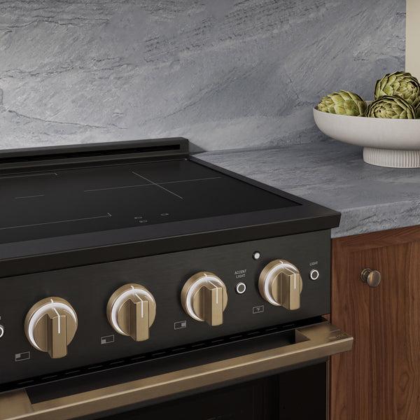 ZLINE Autograph Edition 24 in. 3.2 cu. ft. Marino Induction Range with 3 Element Cooktop and Electric Convection Oven in Black Stainless Steel with Champagne Bronze Accents (MINRBZ-24-CB)