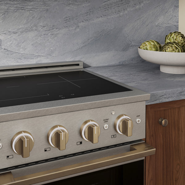 ZLINE Autograph Edition 24 in. 3.2 cu. ft. Marino Induction Range with 3 Element Cooktop and Electric Convection Oven in Satin Stainless Steel with Champagne Bronze Accents (MINRSZ-24-CB)