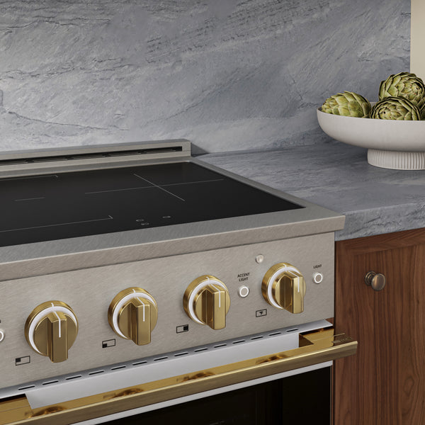 ZLINE Autograph Edition 24 in. 3.2 cu. ft. Marino Induction Range with 3 Element Cooktop and Electric Convection Oven in Satin Stainless Steel with White Matte Door and Polished Gold Accents (MINRSZ-WM-24-G)