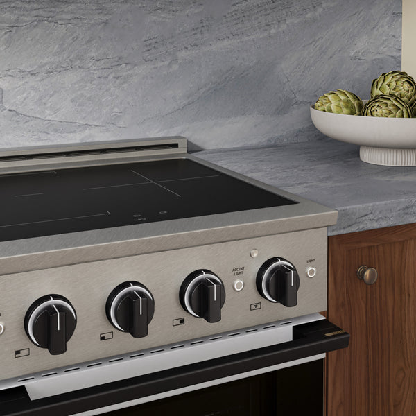 ZLINE Autograph Edition 24 in. 3.2 cu. ft. Marino Induction Range with 3 Element Cooktop and Electric Convection Oven in Satin Stainless Steel with White Matte Door and Matte Black Accents (MINRSZ-WM-24-MB)