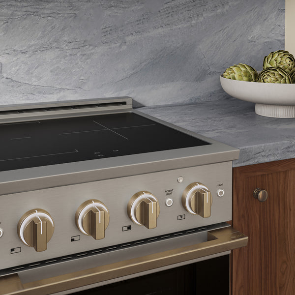 ZLINE Autograph Edition 24 in. 3.2 cu. ft. Marino Induction Range with 3 Element Cooktop and Electric Convection Oven in Stainless Steel with Champagne Bronze Accents (MINRZ-24-CB)